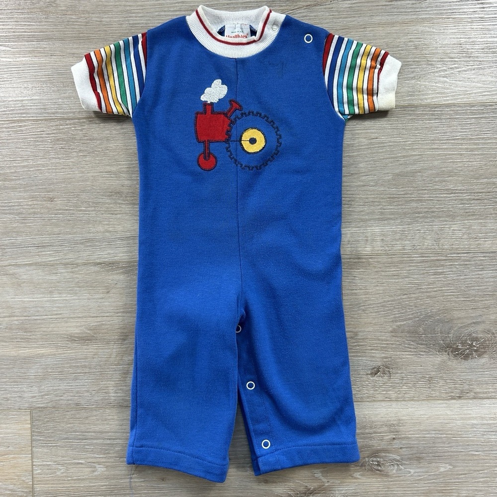 Vintage 80's Health-Tex Boys Size 12 months Romper Tractor Embroidery‎ Blue